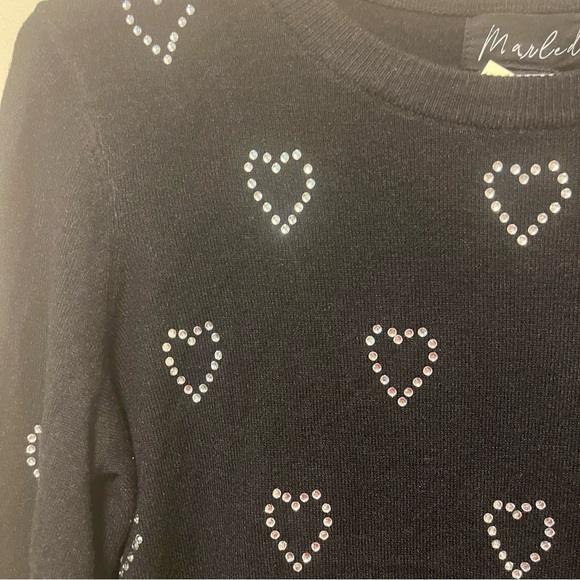 Marled Black Crew Neck Sweater Heart Rhinestones Size XSmall NWT - Picture 3 of 9